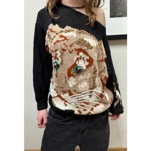 80s Nannell Linen Blend  M Tiger W/Pearl Whiskers & Bedazzle Details Rare